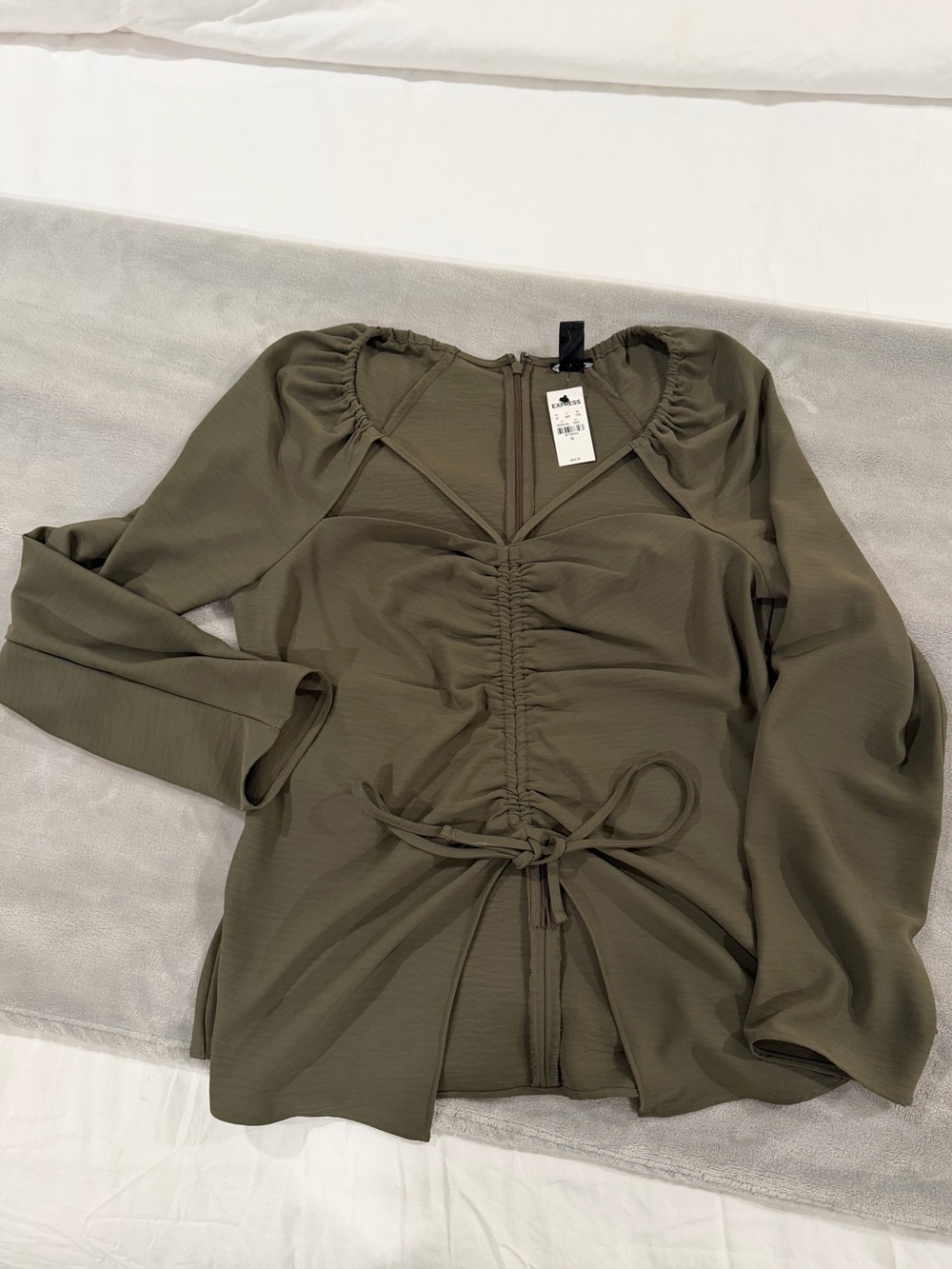 *NWT* Express Olive Green Ruched Front Tie Blouse